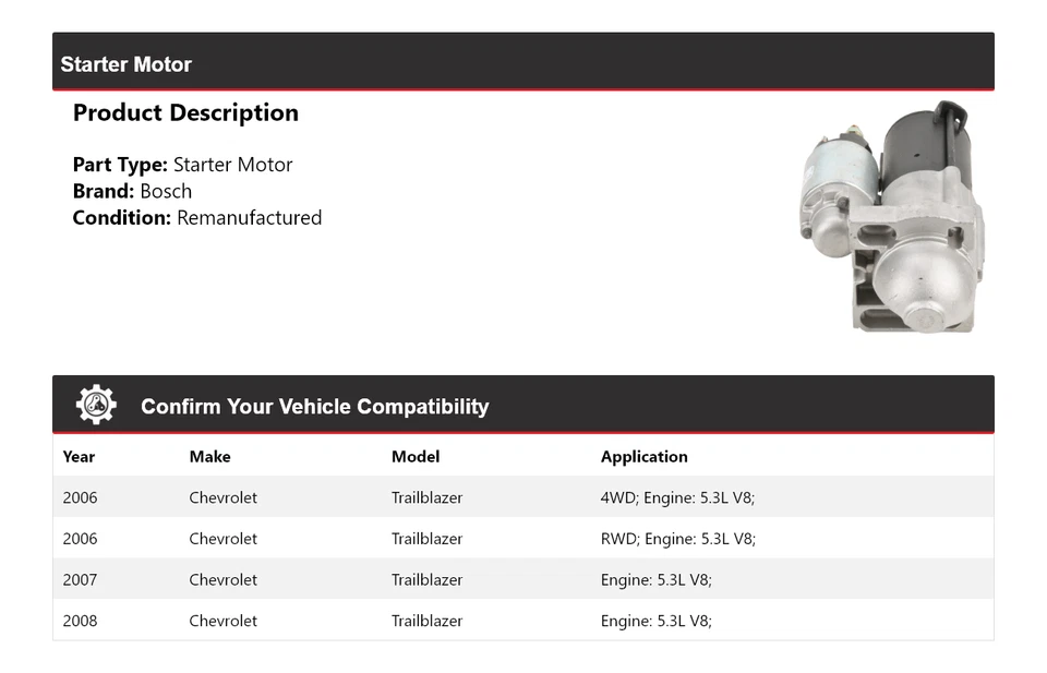 Para Chevrolet Trailblazer 2006-2008 5,3 L V8 Bosch arranque (remanufacturado) 2007 Foto 2 de 4