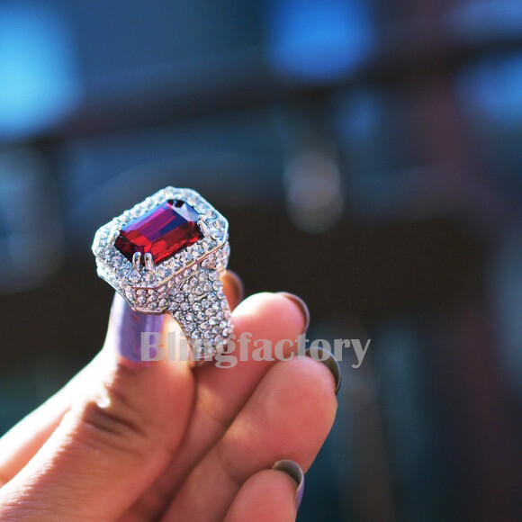 ICED ICY SILVER PLATED ALLOY RED GEM STONE CUBIC ZIRCONIA PINKY