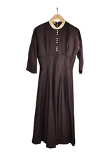 Vintage 60s Dress Womens M Brown Pleated Belted Long Sleeve House Mod Flare