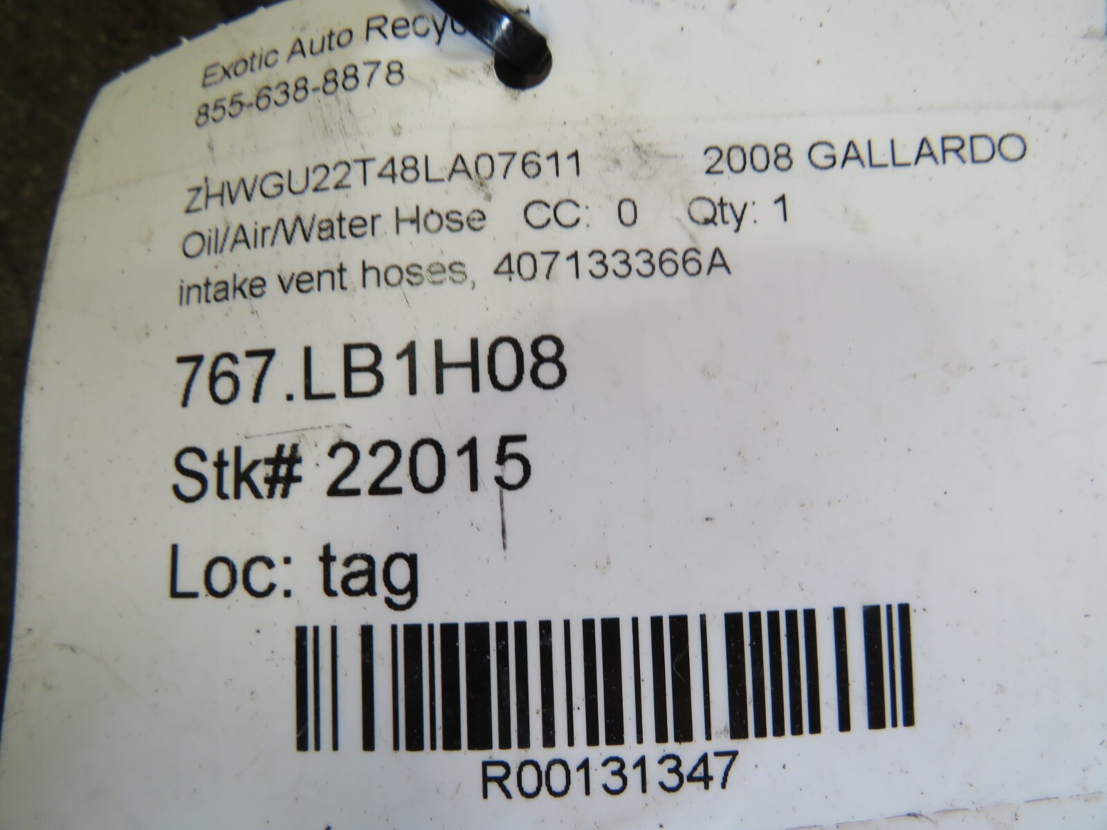 Lamborghini Gallardo, Spyder, Intake Vent Hose, Used, P/N 407133366A