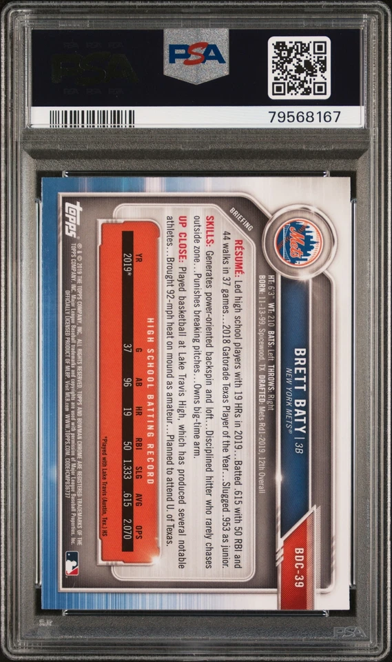2019 Bowman Chrome Sapphire 1st Brett Baty PSA 10 GEM MINT New York Mets - Image 2 of 2