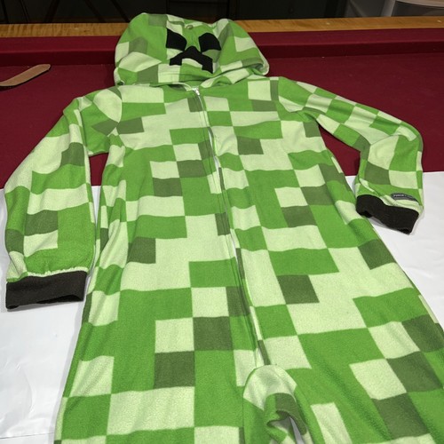 Minecraft Creeper Green Squares Hooded One Piece Zip Fleece Full Pajamas Boys Lg - Picture 4 of 16