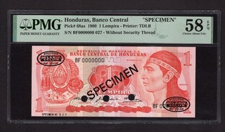 Honduras One Lempira 29 5 1980 P68as "Specimen" About Uncirculated