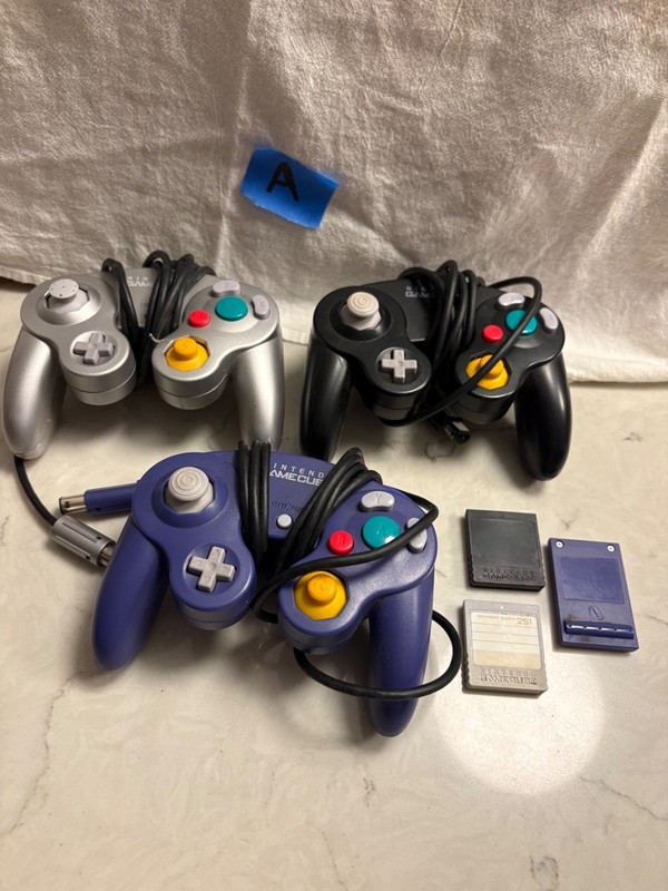 nintendo gamecube controllers lot 3 - silver black purple & 3 memory cards