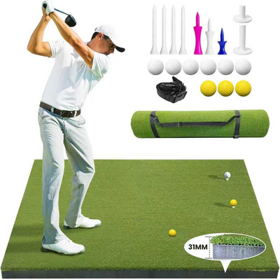 Golf Hitting Mat 5X4Ft, 31Mm Artificial Turf Practice Mat with 9 Tees, Durable E