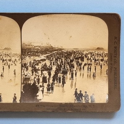 Stereoview Card 3D Real Photo C1900 Atlantic City NJ USA Amazing Beach Scene