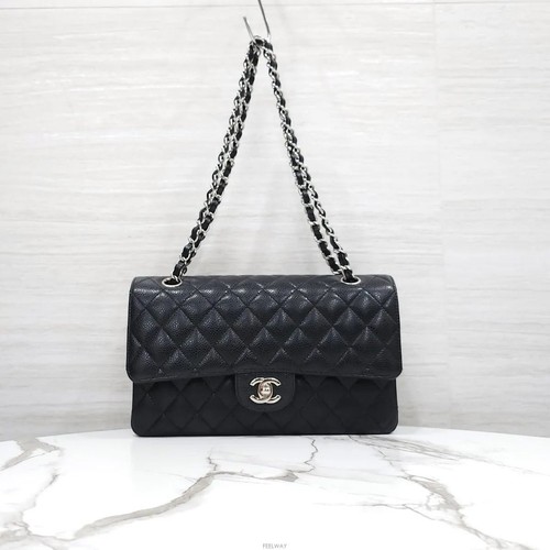 CHANEL Classic Medium Chain Flap Bag Black Silver Tone A01112 160539468 [P]