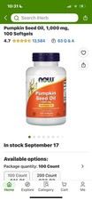 Now Foods Pumpkin Seed Oil 1000mg Soft-gels, 200-Count 100X2 