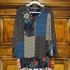 VTG Carole Little Shirt Womens 12 Multicolor Floral Patchwork Animal Boho Blouse