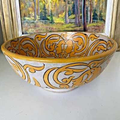 FLASH SALE Moroccan HandPainted Ceramic Pedestal Bowl Pottery Mustard Yellow VTG