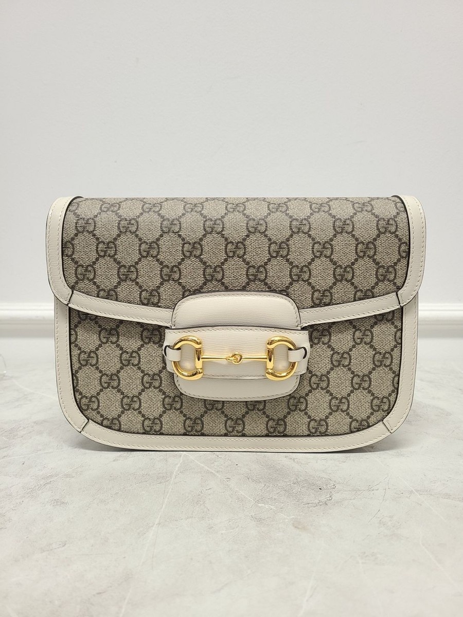 Gucci White Leather GG Supreme 1955 Horsebit Shoulder Bag