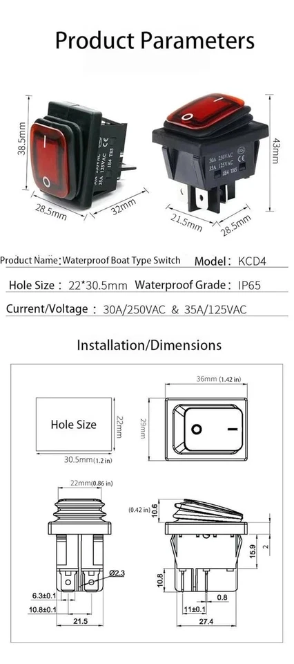 Pack of 2 30A Power Switch 125V/250V AC Boat Rocker Switch On/Off Switch 4Pins - Image 2 of 4