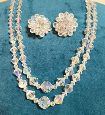 Vintage 1950s Aurora Borealis Iridescent Bead 2 Strand Necklace Earrings Set
