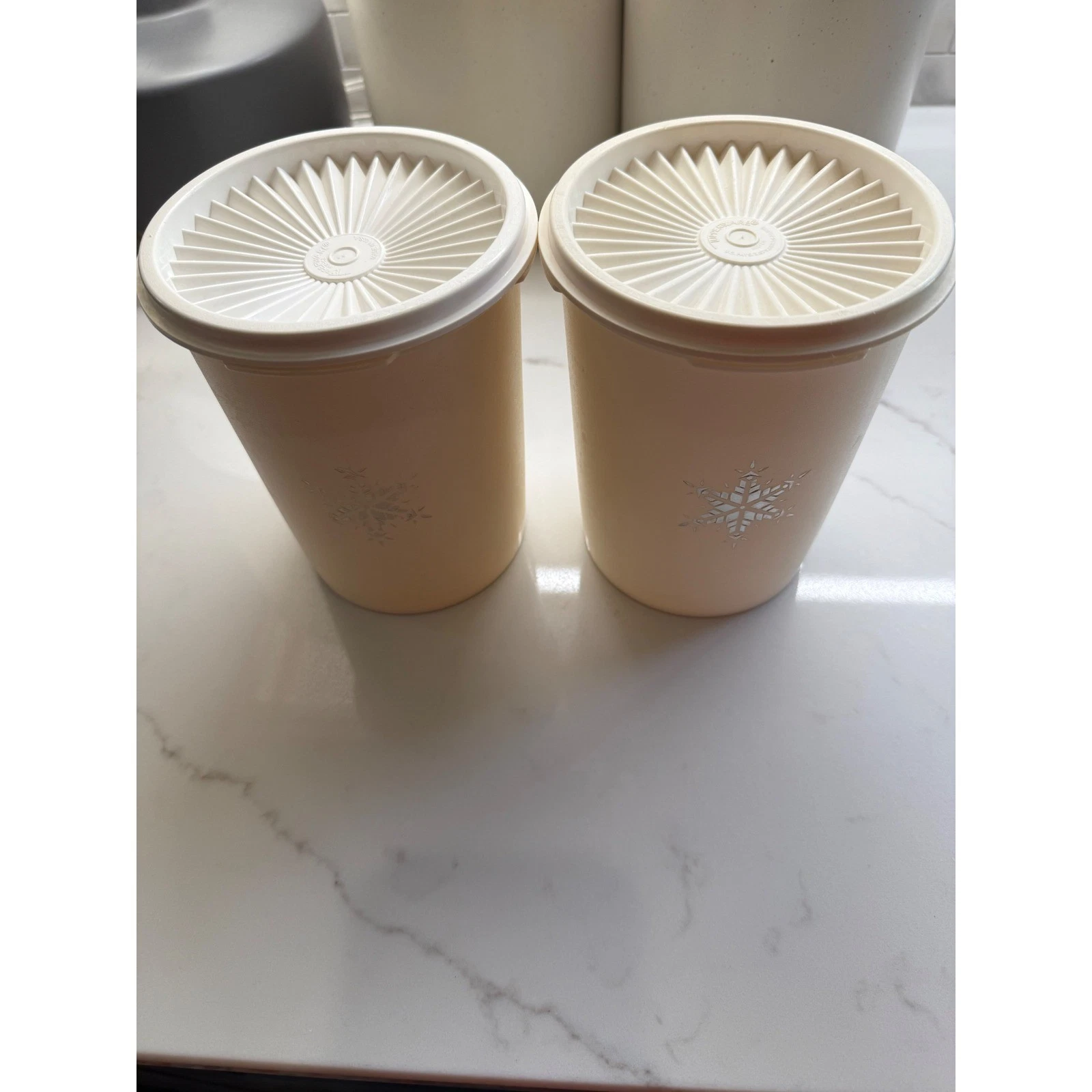 Vintage Tupperware Servalier Canisters Set of 2 Snowflake Off-White Containers