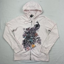 Vintage Lucky Brand Hoodie Womens Medium Pink Peacocks Full Zip Y2K Hipster