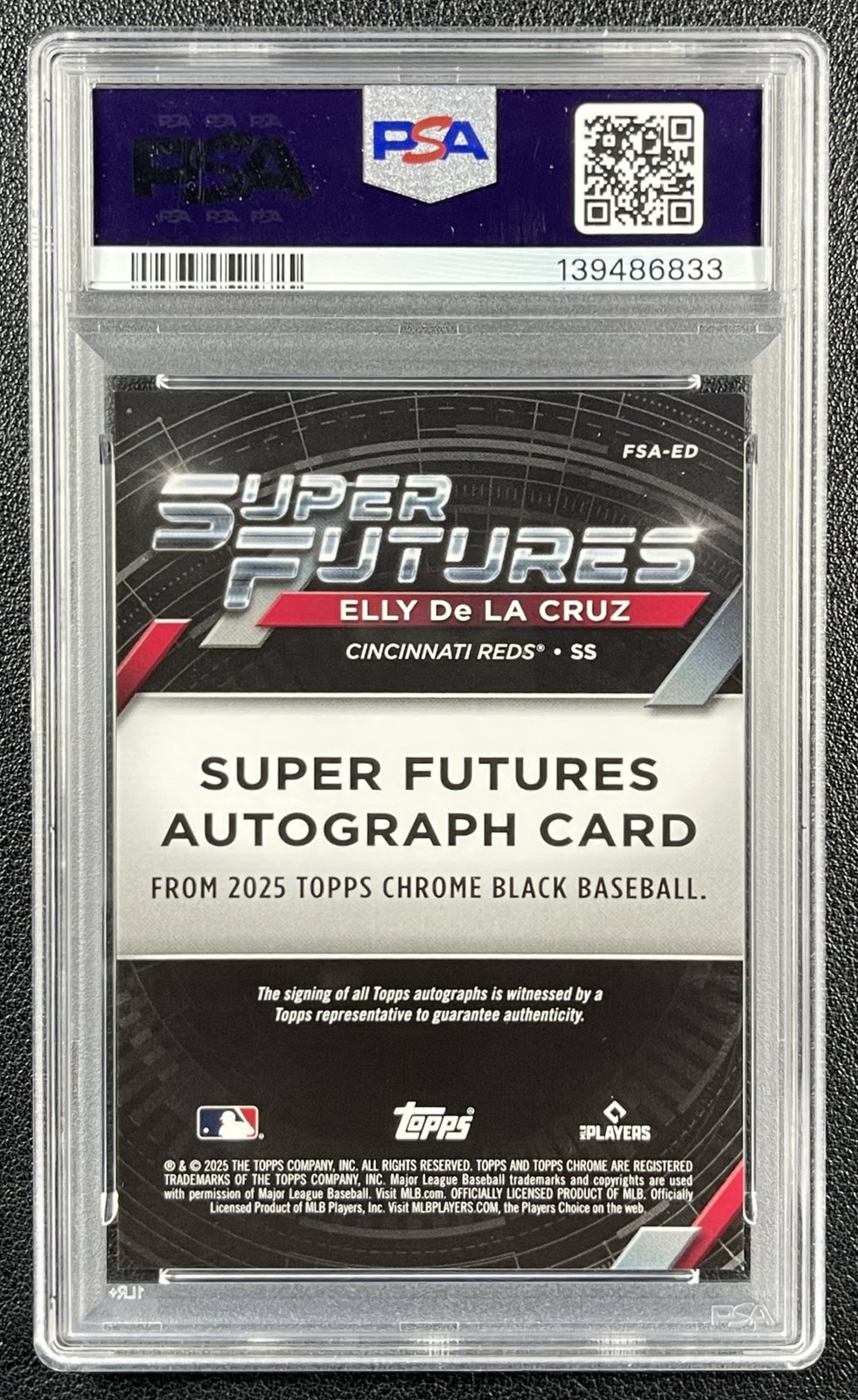 ELLY DE LA CRUZ PSA 9 2025 TOPPS CHROME BLACK SUPER FUTURES AUTO ORANGE 15/25 view 2