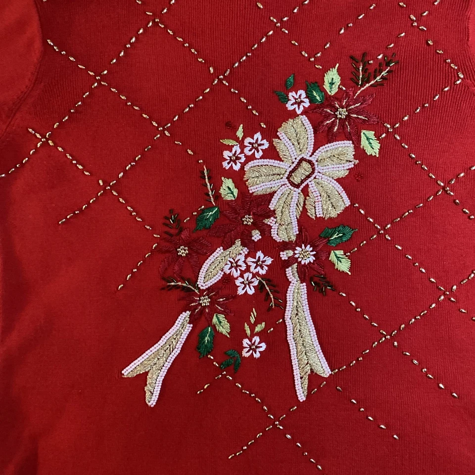 KIKIT by Maurice Sasson Women Christmas Sweater Medium Red Beaded Embroidered - Image 4 of 4
