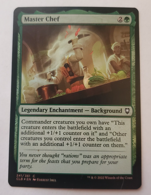 mtg chef cards Rocco, Street FOOD +1/1 COUNTERS Cabaretti Magic Custom Commander Deck Commander creatures you own have This creature enters the battlefield with an additional +1/+1 counter on it and Other creatures you control enter with an additional +1/+1 counter on them. Gyome, Master Chef · Commander