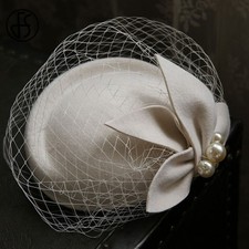 Women Wool Felt Face Veil Fascinator Hats Bridal Beret Cap Hat Wedding Pearl
