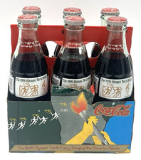(6) 1996 OLYMPIC TORCH RELAY COCA COLA BOTTLES SEALED 8 OZ W/CARRIER ATLANTA