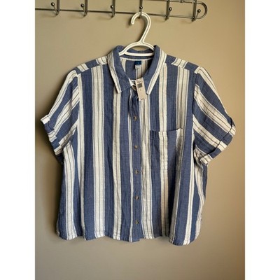 Old Navy Short Sleeve Demi Shirt Blue Stripe Large Coastal Nautical Preppy New