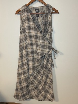 Lilith Wrap Dress Womens Medium Brown Beige Stripe Wool Blend Mesh