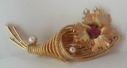Broche flor canasta/cuerno de piedras preciosas y perlas de imitación CORO firmado de colección - Imagen 1 de 7