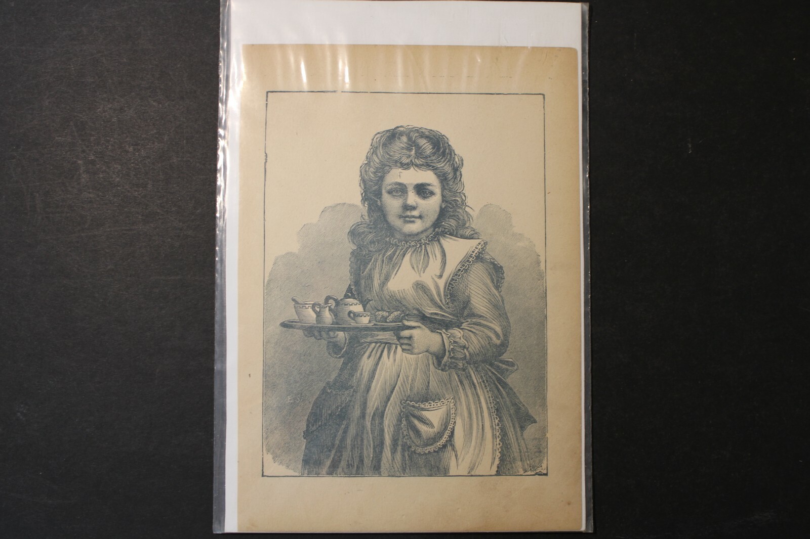 Vintage antique art etching print on paper, 1800s, 8x10, Little girl serving tea