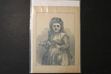 Vintage antique art etching print on paper, 1800s, 8x10, Little girl serving tea