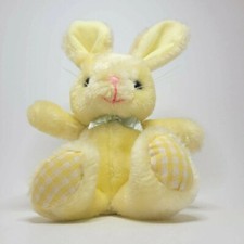 Vtg Russ Mini Yellow Bunny Stuffed Animal Plush Gingham Feet Plastic Nose Bow 7"
