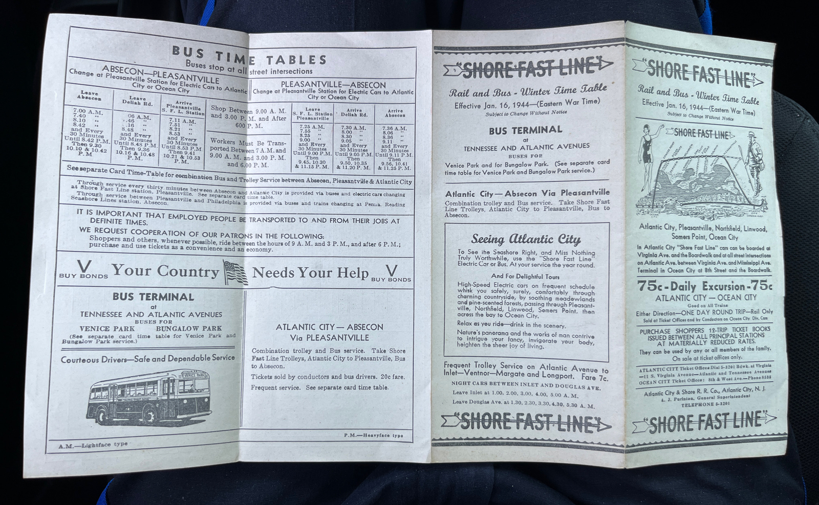 1944 Atlantic City & Shore Railroad Co. Shore Fast Line Rail & Bus ...