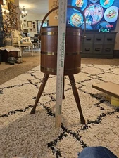 Vintage Rustic Wood Banded Sewing Basket with Handle ~ 3-Legged Tripod 26" tall