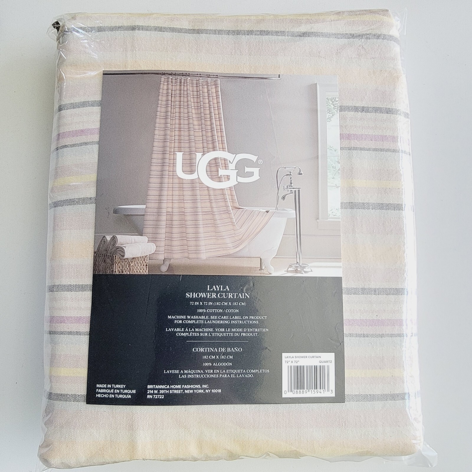 NEW UGG Australia Layla Cotton Shower Curtain Quartz Stripe Yellow Pink