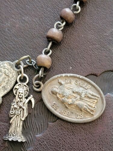 Antique Rosary Memento Mori Santa Muerte Late 1800s, Steel, Wood & Praying card - Picture 9 of 10