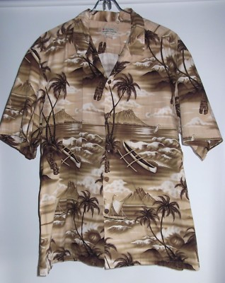 Royal Hawaiian Creations Button Up Shirt 2XL Brown Boats Palm Trees Short Sleeve