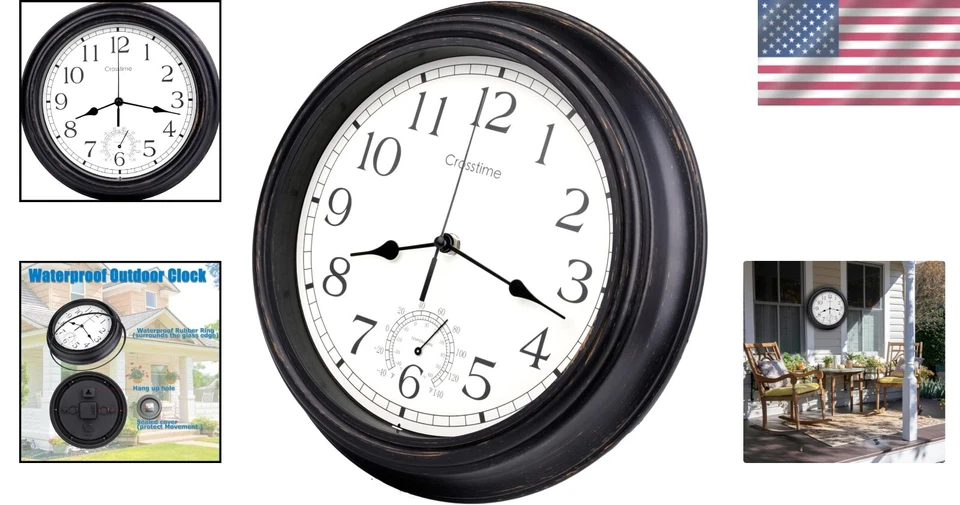 12'' Vintage Silent Quartz Clock - Waterproof with Thermometer for Home & Garden - Image 2 of 4