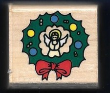 WREATH ANGEL CHRISTMAS BOW BULBS Wood Mount CRAFT RUBBER STAMP New