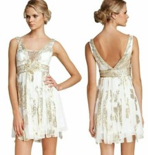 Sue Wong Beaded Gold Foil Silk Lurex Carwash Pleated Cocktail Dress 10 12