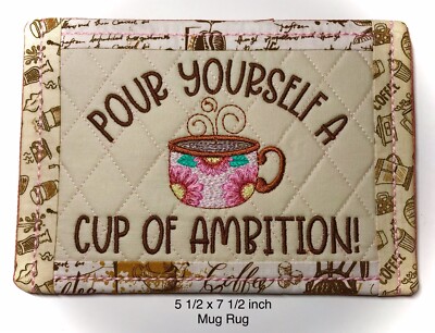 Quilted POUR AMBITION Embroidery Lg MUG RUG/COASTER/Topper   ️ 