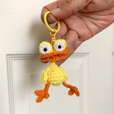 Handmade Crochet Duck Key Chain Yellow/Orange w/ Metal Keyring, Yarn Animal