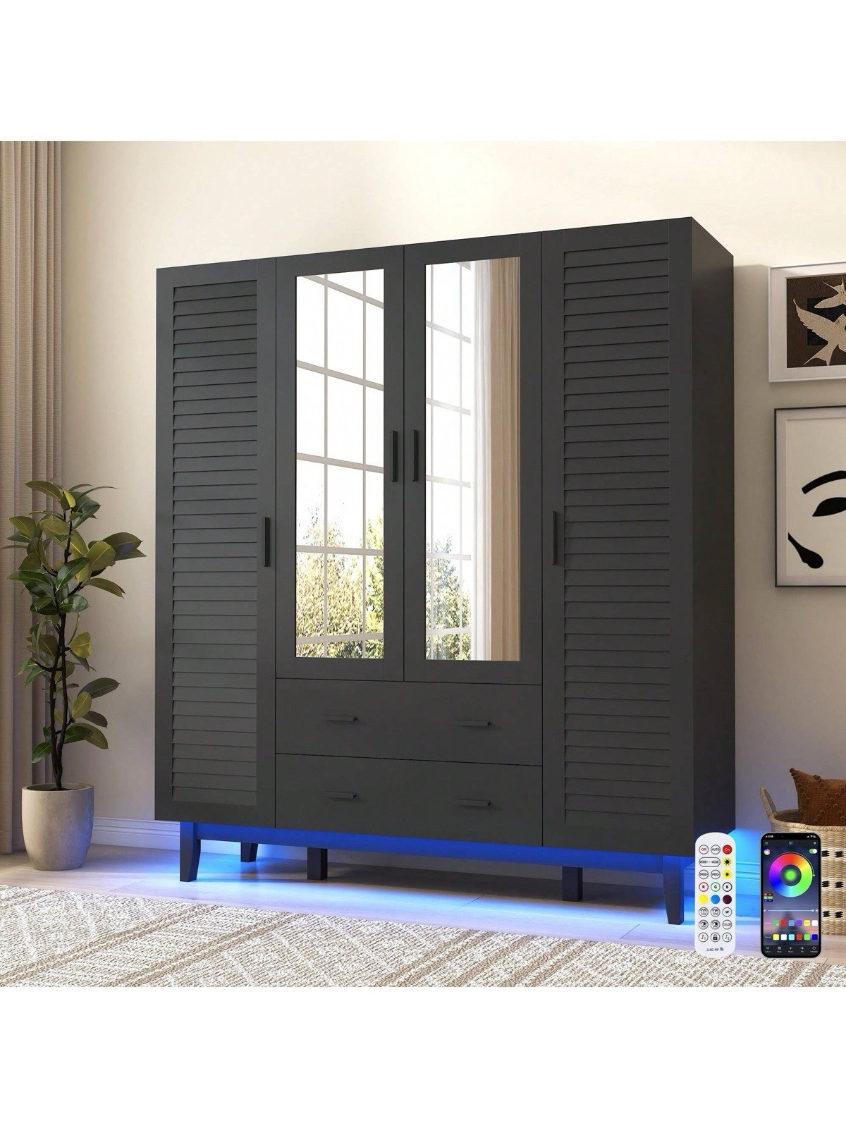 Black Freestanding Wardrobe with Mirrored Doors, Drawers, Shelves, LED Lights