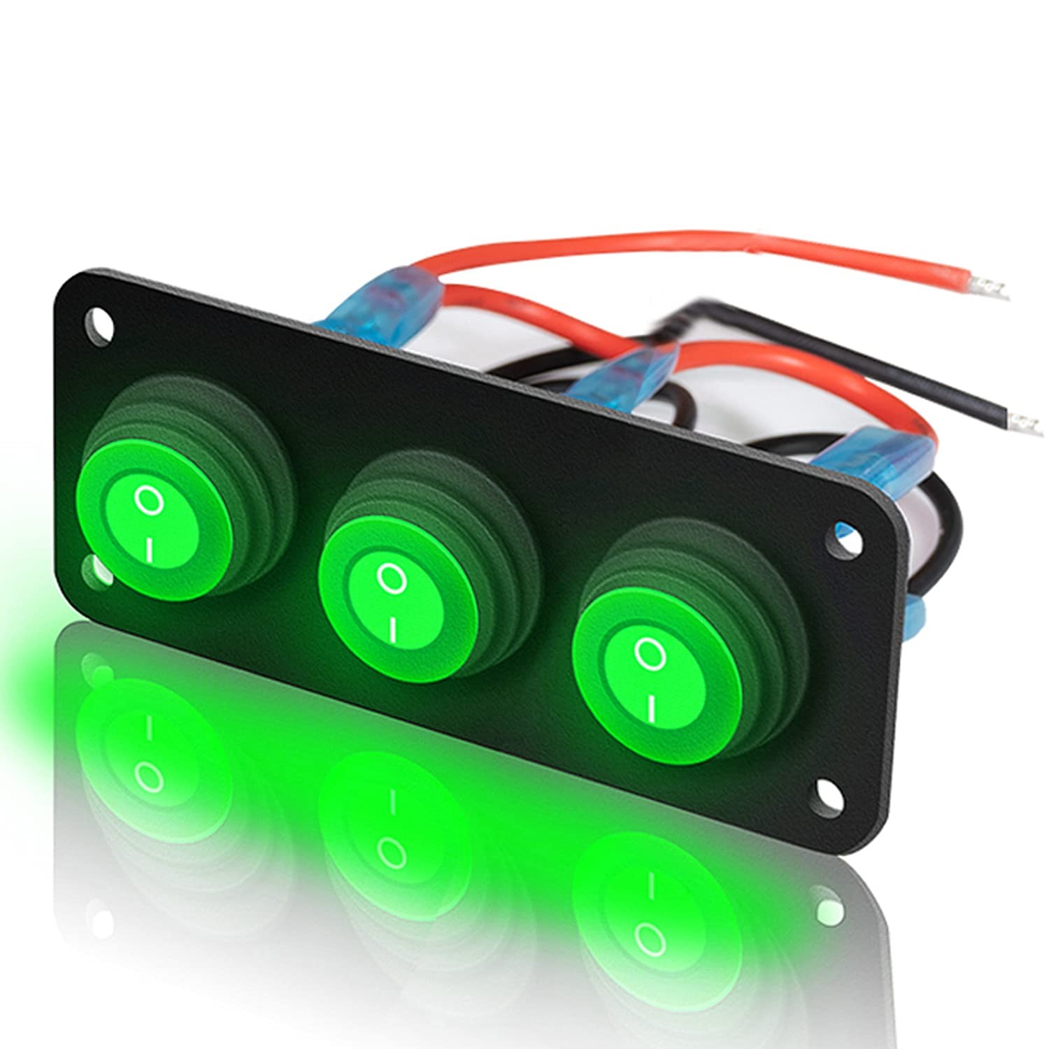 3 Gang Toggle Rocker Switch Panel Green LED Breaker Waterproof Widely Fits fo...