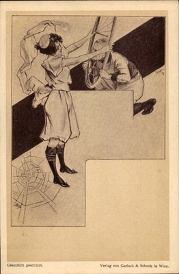Jugendstil Künstler Ak Junge Frau mit Fahrradreifen, Mann, Verlag... - 11065899