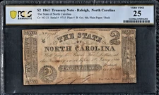 PCGS 25! 1861 CONFEDERATE STATE OF NORTH CAROLINA $2 TREASURY NOTE