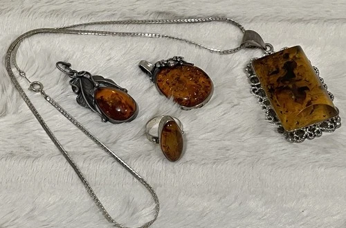 Lot Of 4 Pcs. Vintage Sterling Silver / Amber  Pendants / Ring