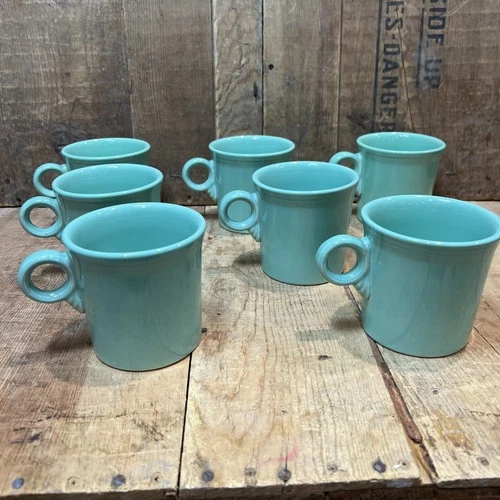 Vintage HLC Fiesta Ware Sea Mist Green O Handle Mugs Set Of 7