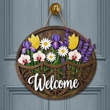 Spring Floral Welcome Round Wall Sign with Rope