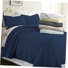3 Piece Navy Quilt Queen Size Bed Set - A Queen/Full Herringbone Stitch Navy