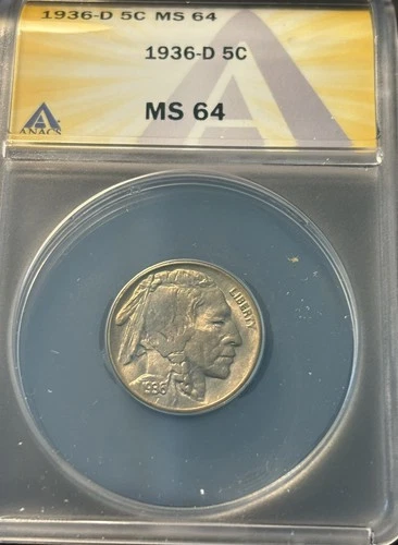 1936-D Buffalo Nickel, ANACS MS-64, Nice Golden Toning!