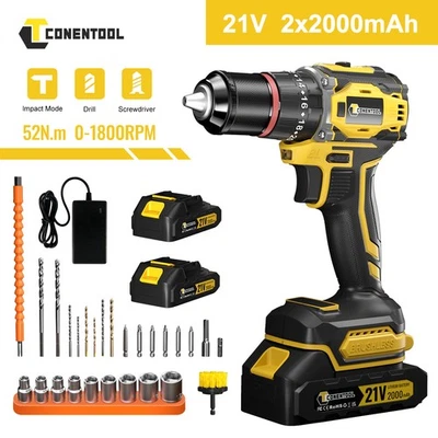 CONENTOOL New 21V Cordless Drill Combi Driver High Power Electric Screwdriver 2 Batteries
